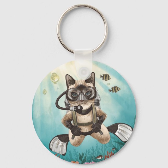 Scuba Cat is diving  Underwater  Key Ring (Front)