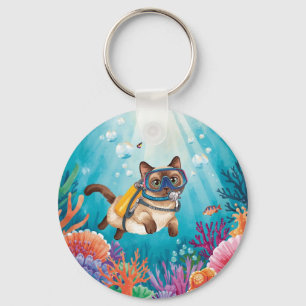 Scuba Cat is diving Underwater Key Ring