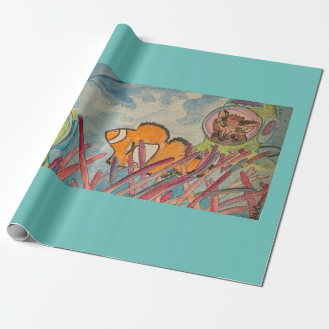 Scuba Cats Watercolor  Wrapping Paper (Unrolled)