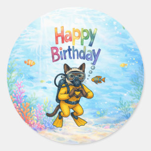 Scuba Diver Cat Birthday themed underwater Classic Round Sticker