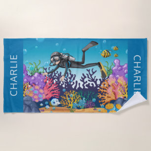 Scuba Diver custom name beach towel