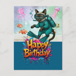 Scuba diver diving cat happy birthday  postcard