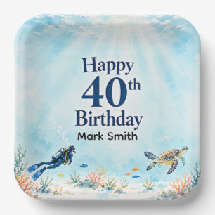 Scuba Diver Happy 40th Birthday Design Paper Plate