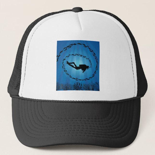Scuba Diver in a Fish Shoal Trucker Hat (Front)