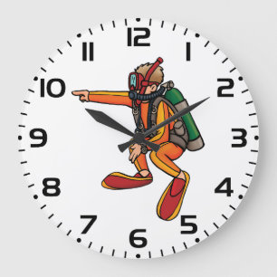 Scuba Diver in Orange Wetsuit Pointing Large Clock