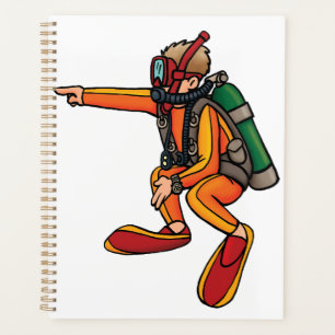 Scuba Diver in Orange Wetsuit Pointing Planner