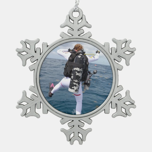 Scuba Diver Jump Snowflake Pewter Christmas Ornament (Front)