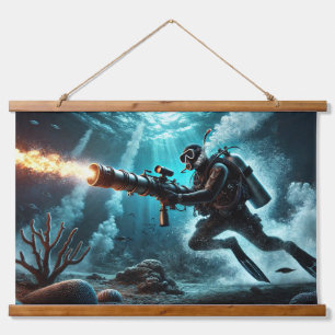 Scuba Diver Missile Wood Topped Wall Tapestry