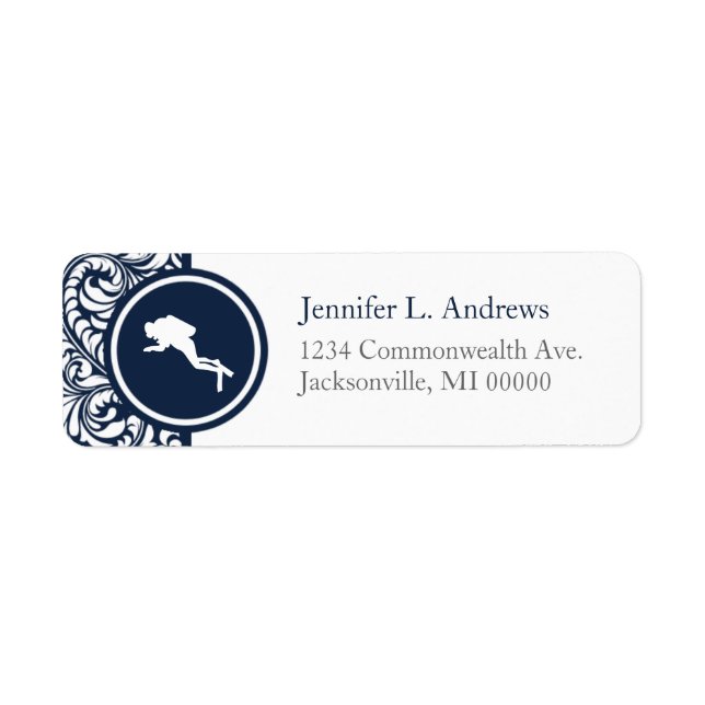 Scuba Diver Navy Colour Damask Return Address Labe Label (Front)