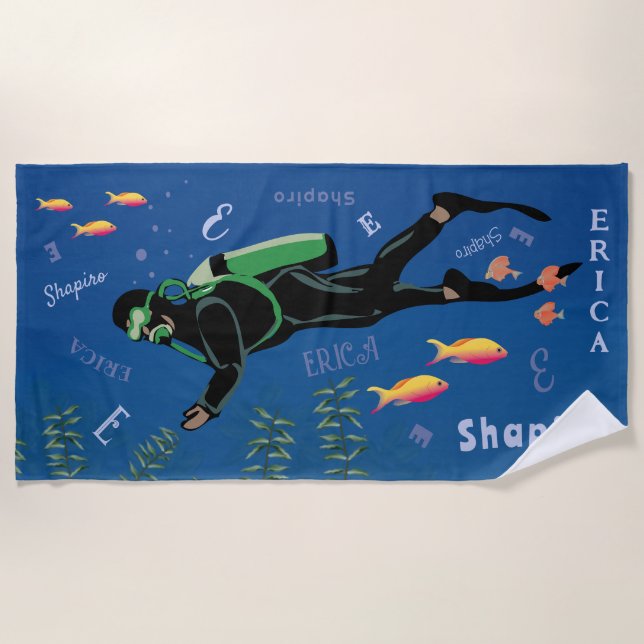 SCUBA Diver Personalised Beach Towel (Front)