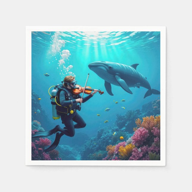 Scuba Diver Playing a Violin For a Whale Napkin (Front)