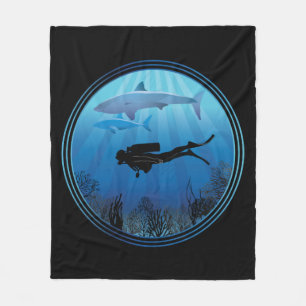 Scuba Diver Shark Diving Fleece Blanket