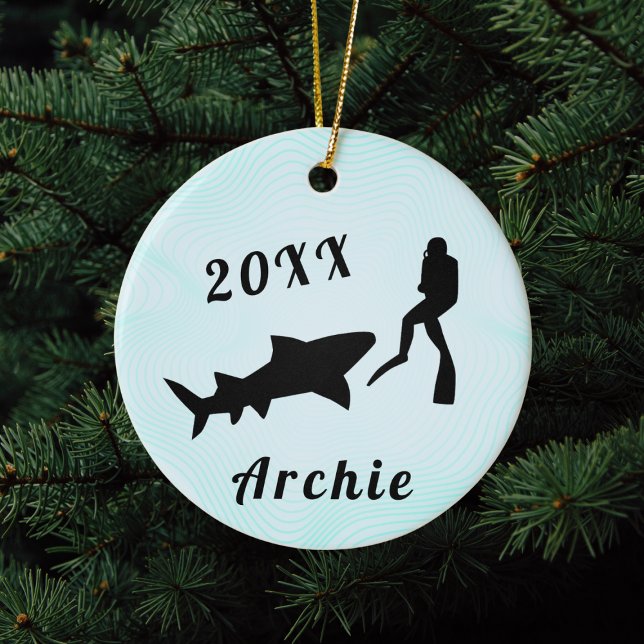 Scuba Diver & Shark Ocean Sea Underwater Diving    Ceramic Ornament (Creator Uploaded)