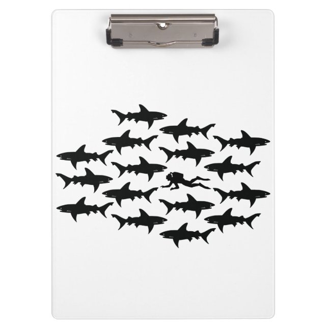 Scuba Diver Swimming with a School of Sharks Clipboard (Front)