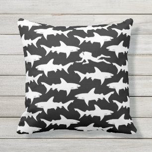 Scuba Diver Swimming with School of Sharks Outdoor Cushion