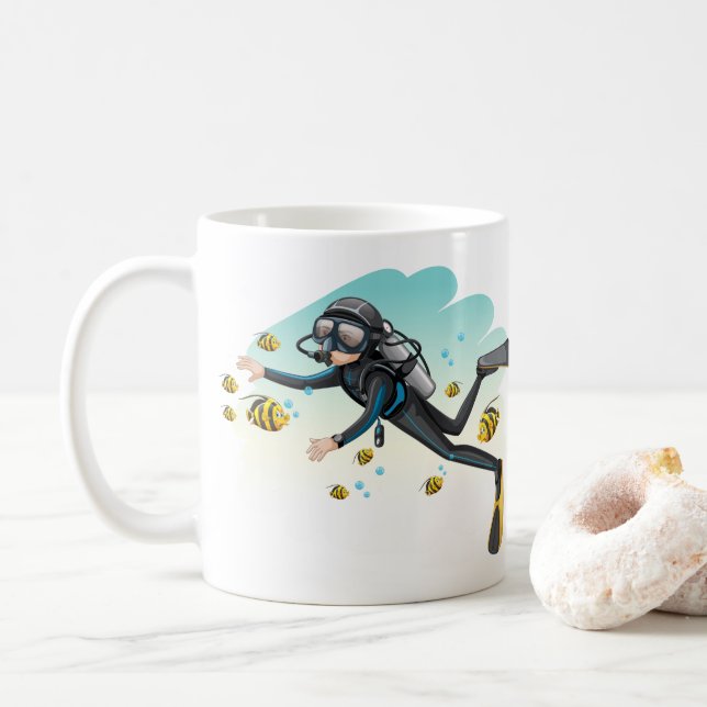 Scuba diver underwater with fish coffee mug (With Donut)
