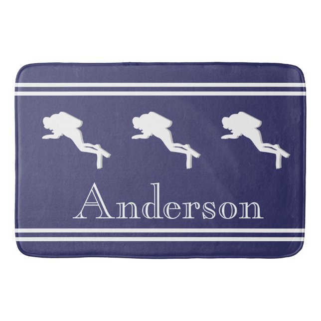 SCUBA DIVERS Monogrammed White Navy Grey Bath Mat (Front)