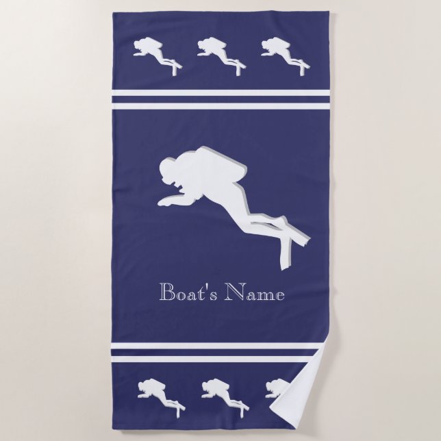 SCUBA DIVERS Monogrammed White Navy Grey Beach Towel (Front)
