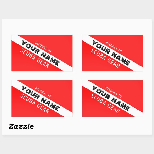 SCUBA DIVERS. PERSONAL SCUBA GEAR.  NAME RED FLAG RECTANGULAR STICKER (Sheet)