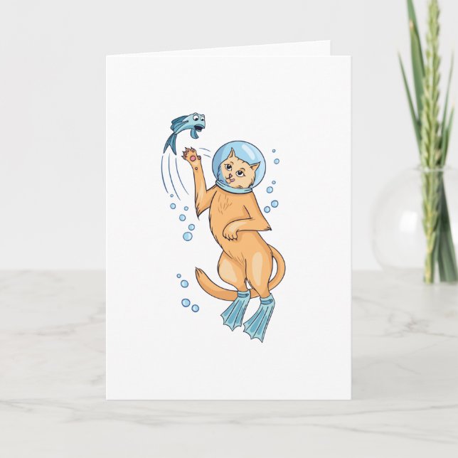 Scuba Diving Cat Hunting Fish Card (Front)