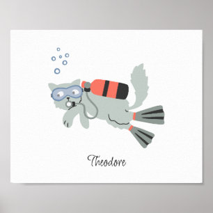 Scuba diving cat nursery baby kids poster