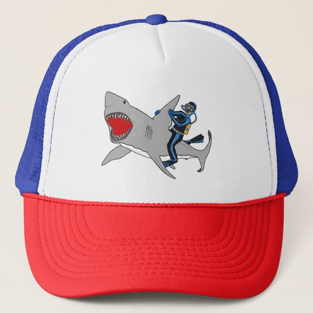 Scuba Diving Diver Riding a Great White Shark Trucker Hat (Front)