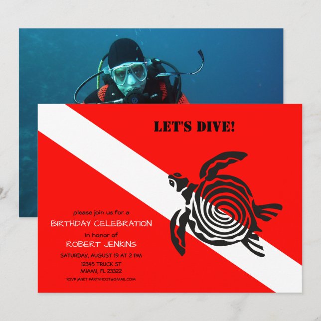 Scuba Diving Flag and Sea Turtle Photo Birthday Invitation (Front/Back)