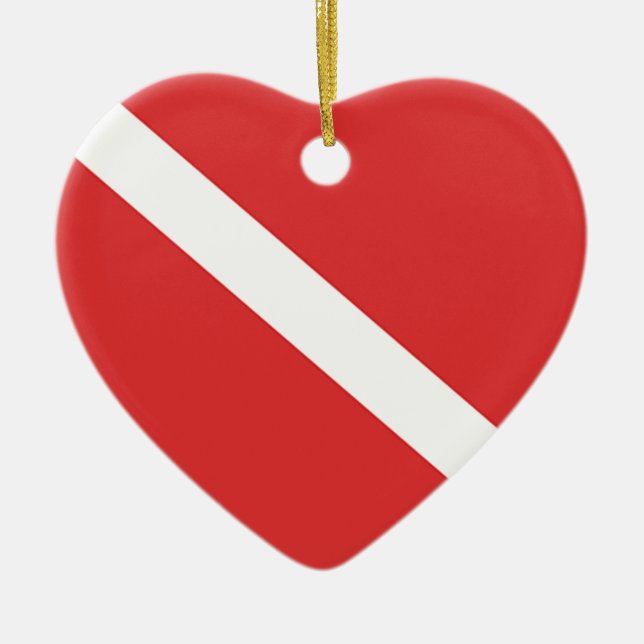 Scuba Diving Logo- Diver's Red White Flag Ceramic Tree Decoration (Front)