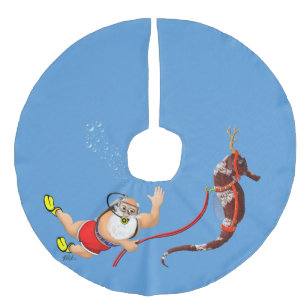 Scuba Diving Santa and Seahorse Faux Linen Tree Skirt