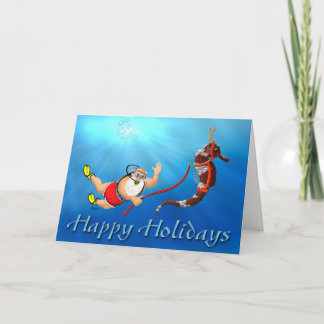 Scuba Diving Santa & Seahorse Happy Holidays Holiday Card