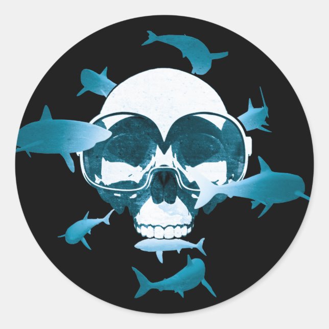 Scuba Diving Skull and Sharks Graphic Design Classic Round Sticker (Front)