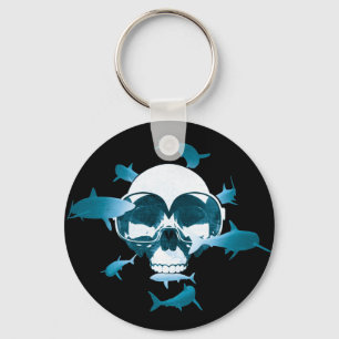 Scuba Diving Skull and Sharks Graphic Design Key Ring