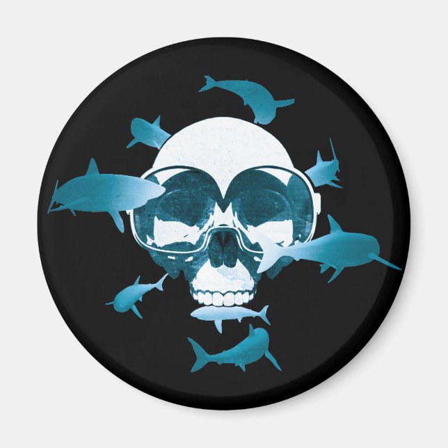 Scuba Diving Skull and Sharks Graphic Design Magnet (Front)