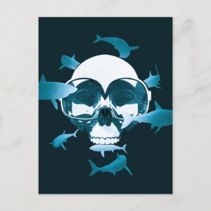 Scuba Diving Skull and Sharks Graphic Design Postcard