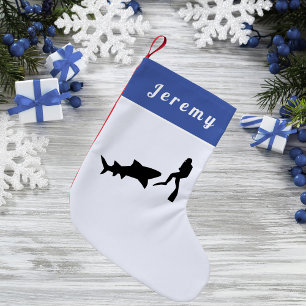 Scuba Diving Theme Diver & Shark Sea Colour Name Small Christmas Stocking