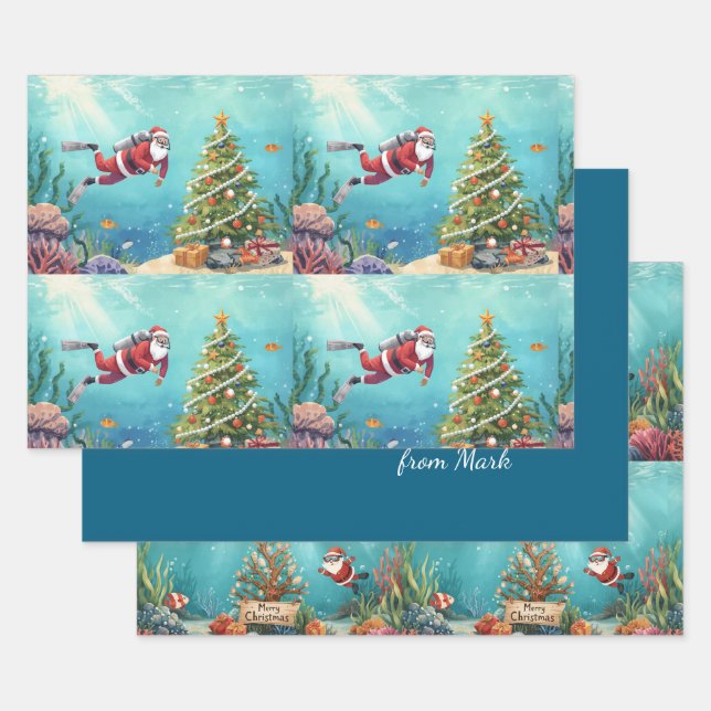 Scuba Santa Underwater Christmas Holiday Wrapping Paper Sheet (Set)