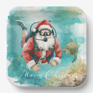 Scuba Santa Underwater Christmas Paper Plate