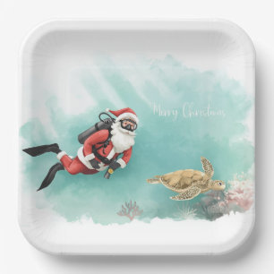 Scuba Santa Underwater Christmas Paper Plate