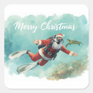 Scuba Santa Underwater Merry Christmas Square Sticker