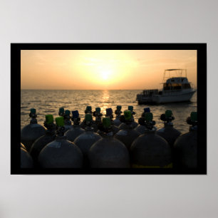 Scuba Tanks and Dive Boat at Sunrise Poster