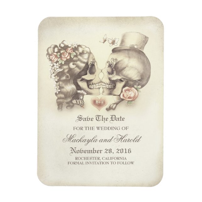 Scull couple Day of the Dead Save the Date Magnet (Vertical)