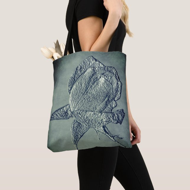 Sculpted Effect Silver Rosebud Flower Art  Tote Bag (Close Up)