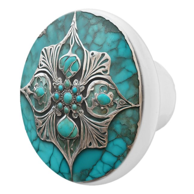 Sculpted Metal & Turquoise Modern Ceramic Knob (Right)