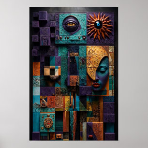 Sculptural Mosaic Oracle Wall - 3D Purple Teal  Poster