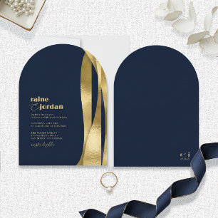 Sculptural Waves Wedding Gold Navy Blue ID1312 Invitation