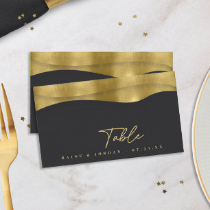 Sculptural Waves Wedding Matte Black Gold ID1312 Place Card