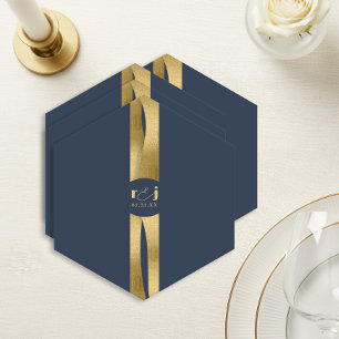 Sculptural Waves Wedding Navy Blue Gold ID1312 Paper Coaster