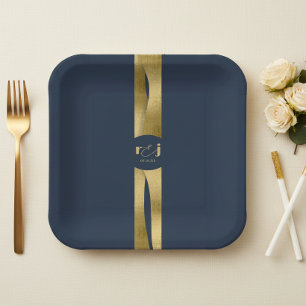 Sculptural Waves Wedding Navy Blue Gold ID1312 Paper Plate