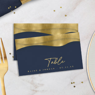Sculptural Waves Wedding Navy Blue Gold ID1312 Place Card
