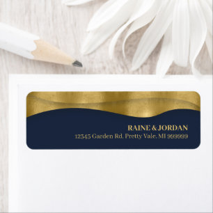 Sculptural Waves Wedding Navy Blue Gold ID1312 Return Address Label
